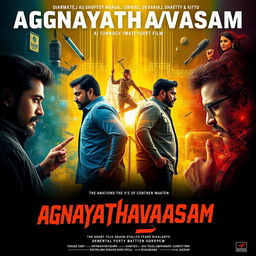 Design a promotional poster for 'Agnayathavaasam,' a Telugu short film about a technology corporate rivalry