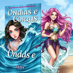 Book cover for the fantasy romance adventure novel titled 'Ondas e Corais' by Jady