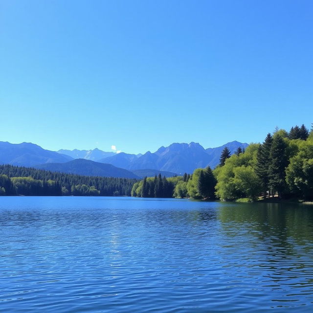 A serene landscape featuring a calm lake surrounded by lush green trees and mountains in the background under a clear blue sky