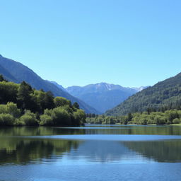 A serene landscape featuring a calm lake surrounded by lush green trees and mountains in the background under a clear blue sky