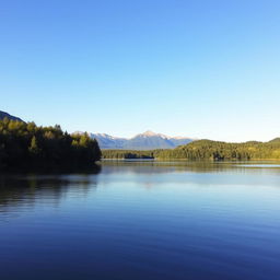 A serene landscape featuring a calm lake surrounded by lush green trees and mountains in the background under a clear blue sky