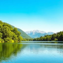 A serene landscape featuring a calm lake surrounded by lush green trees and mountains in the background under a clear blue sky