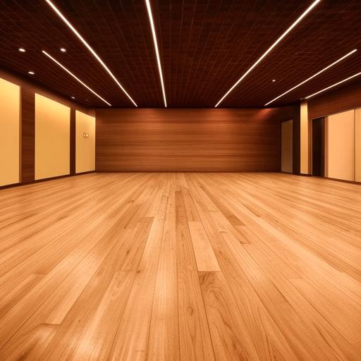 A spacious 500 square yard floor with a polished wood finish, gleaming under soft, warm lighting.