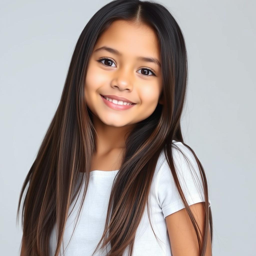 A young Latina girl with long, straight brown hair