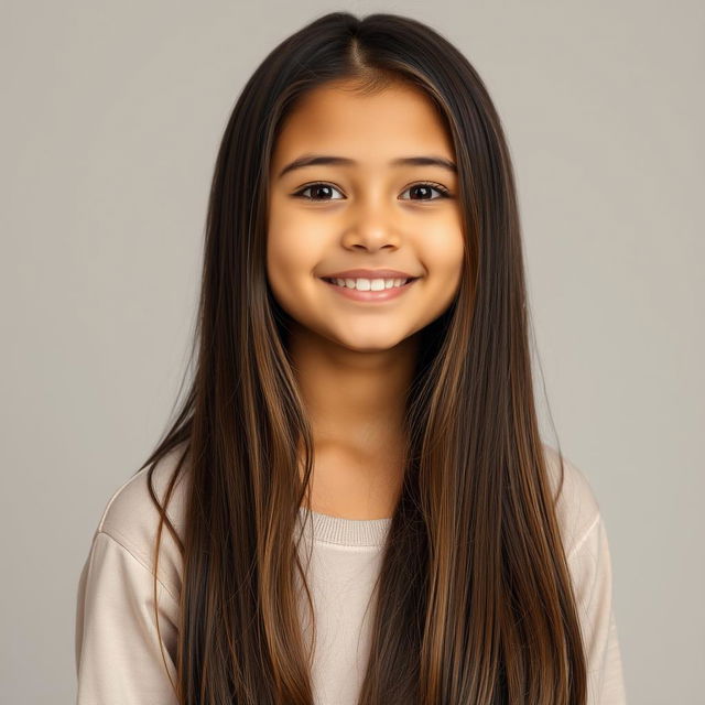 A young Latina girl with long, straight brown hair