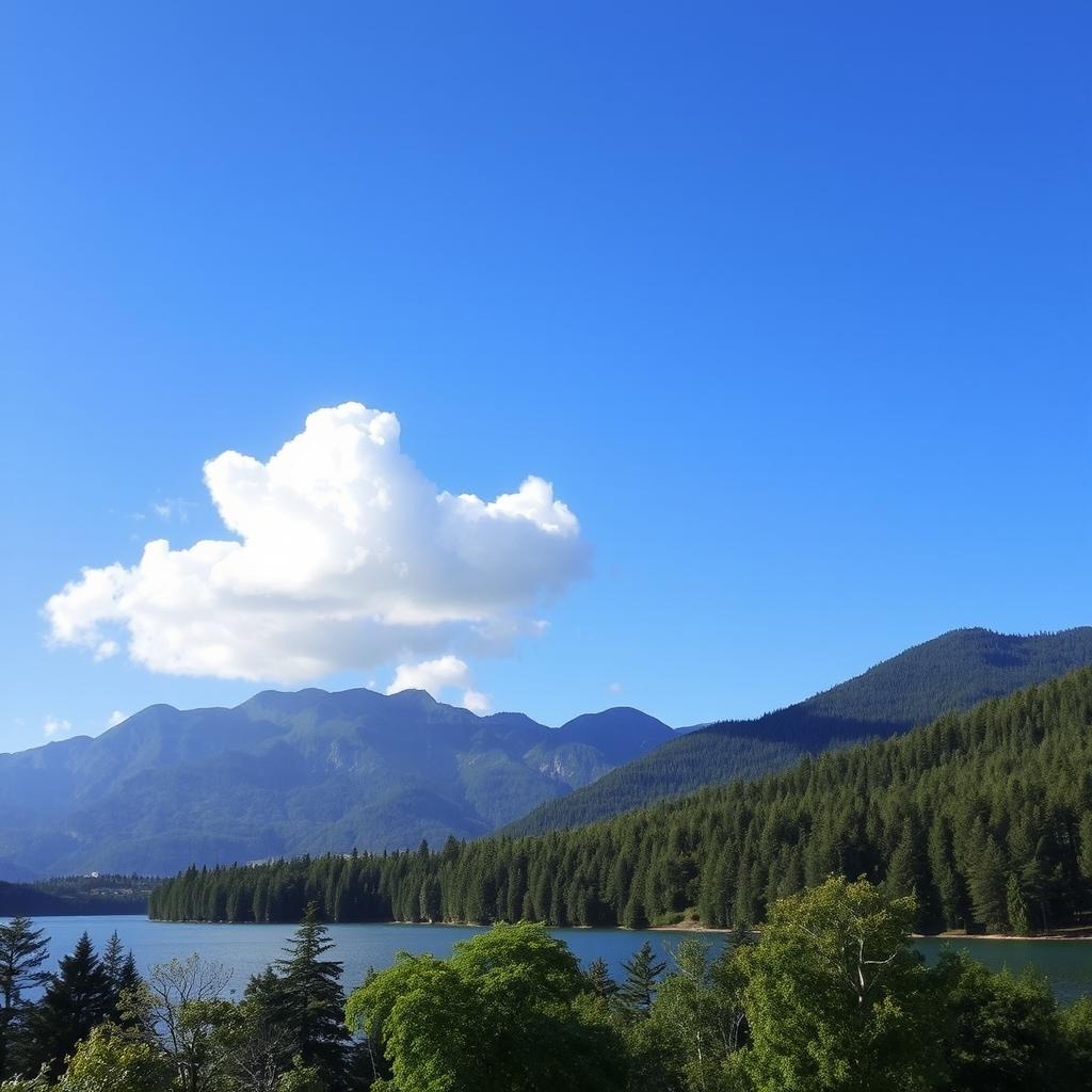 A beautiful landscape featuring a serene lake surrounded by lush green trees and mountains in the background under a clear blue sky with a few fluffy clouds