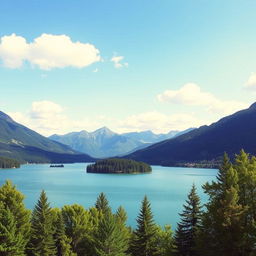 A beautiful landscape featuring a serene lake surrounded by lush green trees and mountains in the background under a clear blue sky with a few fluffy clouds