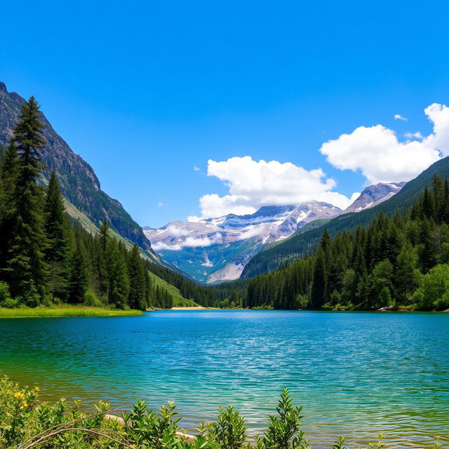 A beautiful landscape featuring a serene lake surrounded by lush green trees and mountains in the background under a clear blue sky with a few fluffy clouds