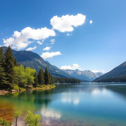 A beautiful landscape featuring a serene lake surrounded by lush green trees and mountains in the background under a clear blue sky with a few fluffy clouds