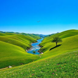 A serene landscape with a clear blue sky, rolling green hills, and a sparkling river flowing through the middle