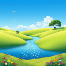 A serene landscape with a clear blue sky, rolling green hills, and a sparkling river flowing through the middle