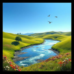 A serene landscape with a clear blue sky, rolling green hills, and a sparkling river flowing through the middle