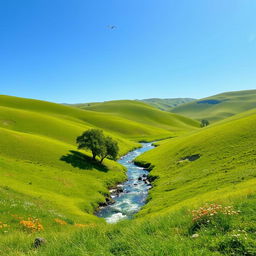 A serene landscape with a clear blue sky, rolling green hills, and a sparkling river flowing through the middle