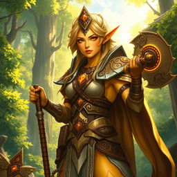 A detailed illustration of a female summer Eladrin War cleric with yellow skin