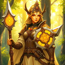 A detailed illustration of a female summer Eladrin War cleric with yellow skin