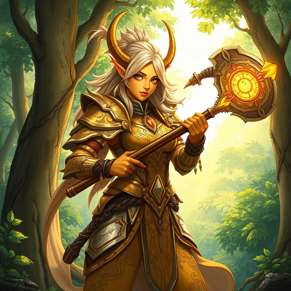 A detailed illustration of a female summer Eladrin War cleric with yellow skin