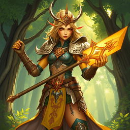 A detailed illustration of a female summer Eladrin War cleric with yellow skin