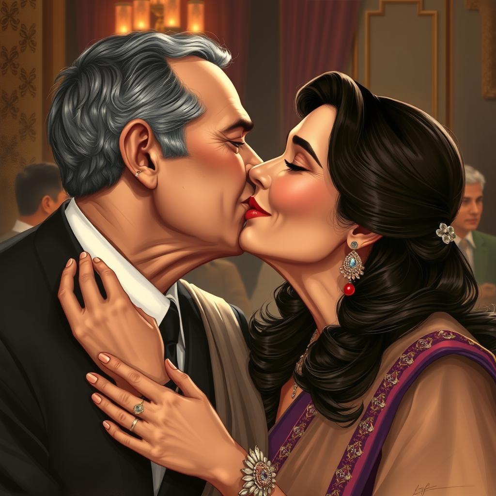 A detailed and realistic depiction of Madhuri Dixit receiving a kiss on the cheek