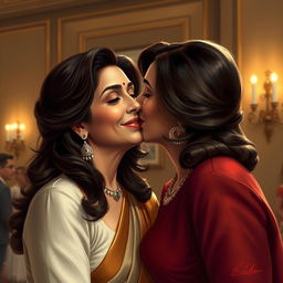 A detailed and realistic depiction of Madhuri Dixit receiving a kiss on the cheek