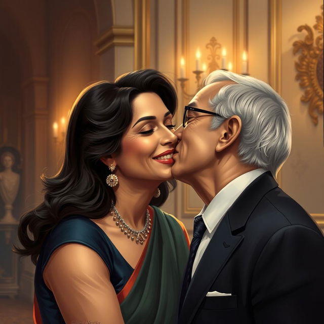 A detailed and realistic depiction of Madhuri Dixit receiving a kiss on the cheek