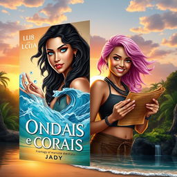 Create a book cover for a fantasy romance adventure titled 'Ondas e Corais' by Jady