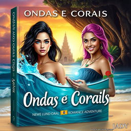 Create a book cover for a fantasy romance adventure titled 'Ondas e Corais' by Jady