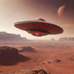 Futuristic spaceship engaged in a thrilling battle with sleek flying saucers, set against the backdrop of the planet Mars with its red, rugged landscape