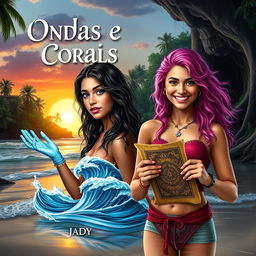 Create a book cover for a fantasy romance adventure titled 'Ondas e Corais' by Jady