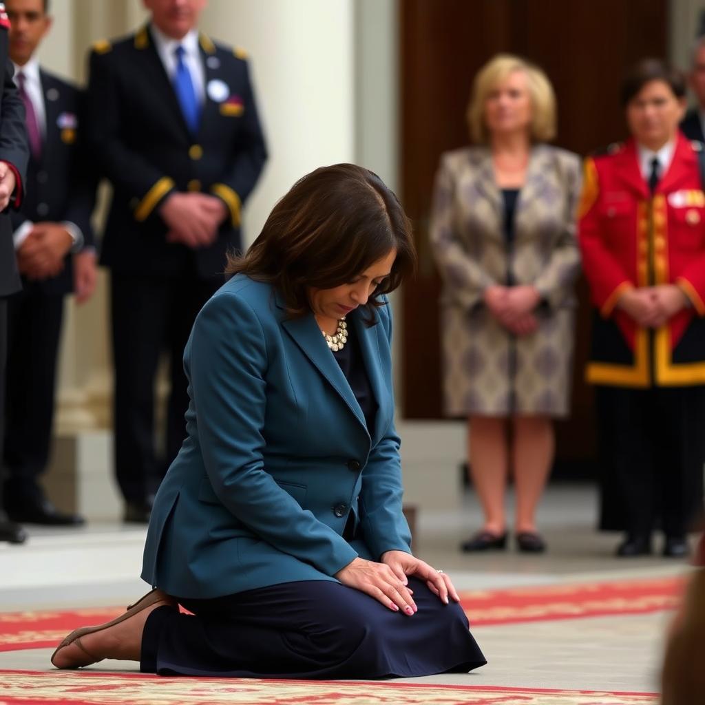 Kamala Harris, the Vice President of the United States, is depicted on her knees in a respectful and dignified manner, possibly during a ceremonial event or moment of reflection