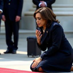 Kamala Harris, the Vice President of the United States, is depicted on her knees in a respectful and dignified manner, possibly during a ceremonial event or moment of reflection