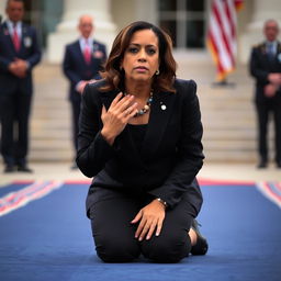 Kamala Harris, the Vice President of the United States, is depicted on her knees in a respectful and dignified manner, possibly during a ceremonial event or moment of reflection