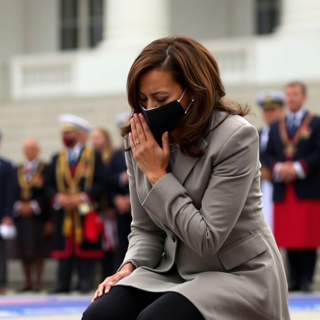 Kamala Harris, the Vice President of the United States, is depicted on her knees in a respectful and dignified manner, possibly during a ceremonial event or moment of reflection