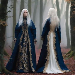 The book cover shows two women standing back to back in the middle of a magical forest