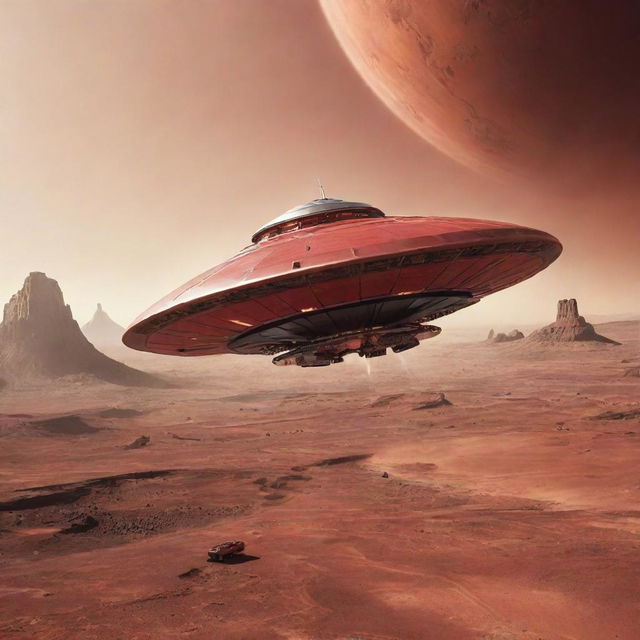 Futuristic spaceship engaged in a thrilling battle with sleek flying saucers, set against the backdrop of the planet Mars with its red, rugged landscape