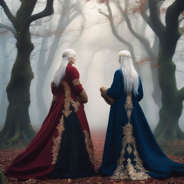 The book cover shows two women standing back to back in the middle of a magical forest