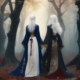 The book cover shows two women standing back to back in the middle of a magical forest