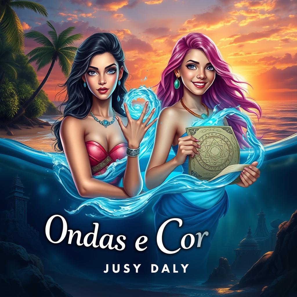 Design a book cover for a fantasy romance adventure titled 'Ondas e Corais' by Jady