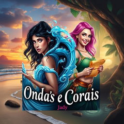 Design a book cover for a fantasy romance adventure titled 'Ondas e Corais' by Jady