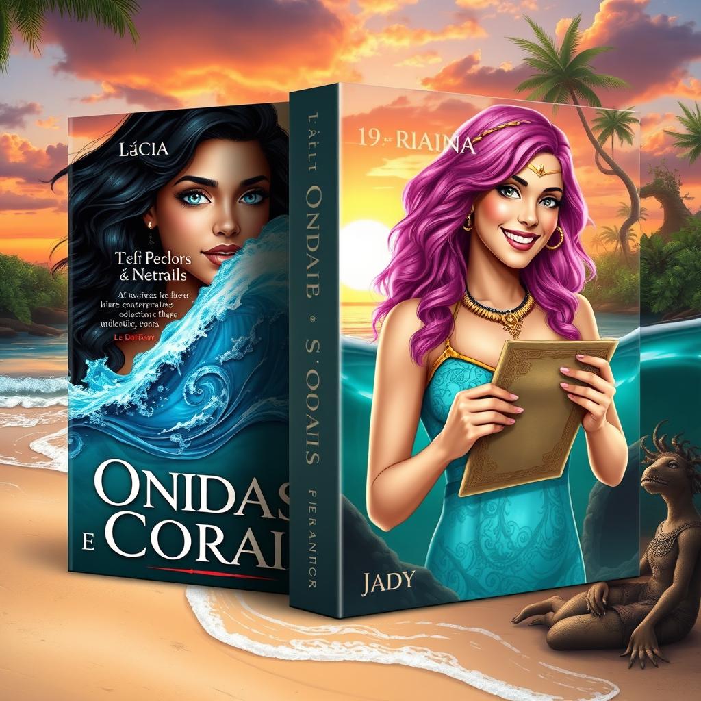 Design a book cover for a fantasy romance adventure titled 'Ondas e Corais' by Jady