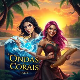 Design a book cover for a fantasy romance adventure titled 'Ondas e Corais' by Jady