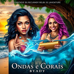 Create an eBook cover for a fantasy romance adventure titled 'Ondas e Corais' by Jady