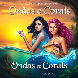 Create an eBook cover for a fantasy romance adventure titled 'Ondas e Corais' by Jady