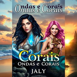 Create an eBook cover for a fantasy romance adventure titled 'Ondas e Corais' by Jady