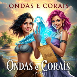 Create an eBook cover for a fantasy romance adventure titled 'Ondas e Corais' by Jady