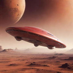 Futuristic spaceship engaged in a thrilling battle with sleek flying saucers, set against the backdrop of the planet Mars with its red, rugged landscape