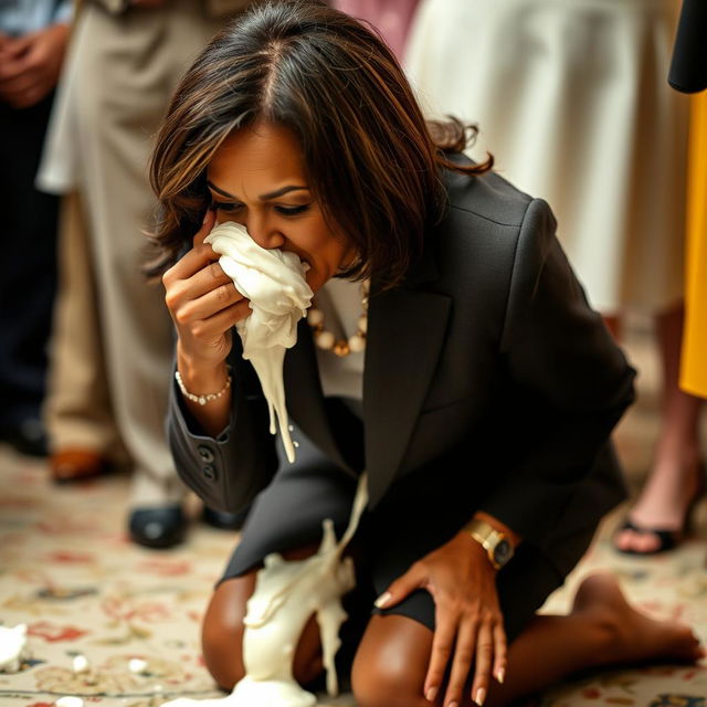 Kamala Harris, the Vice President of the United States, is depicted on her knees, wiping melted white frosting from her mouth