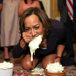 Kamala Harris, the Vice President of the United States, is depicted on her knees, wiping melted white frosting from her mouth