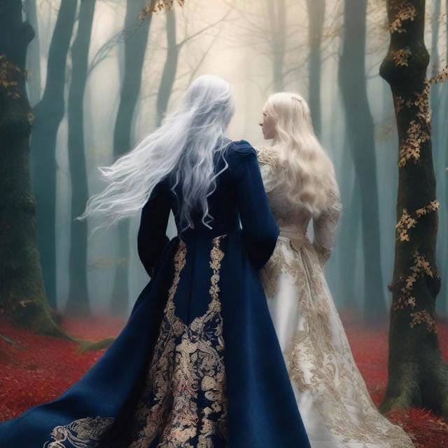 The book cover shows TWO women standing back to back in the middle of a magical forest