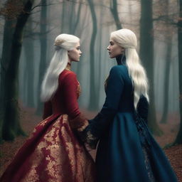 The book cover shows TWO women standing back to back in the middle of a magical forest