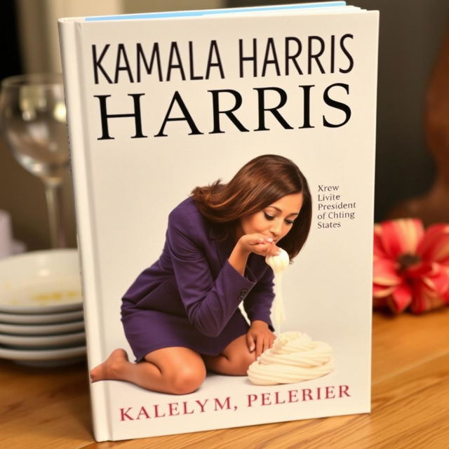 A book cover featuring Kamala Harris, the Vice President of the United States, depicted on her knees, licking melted white frosting from her finger